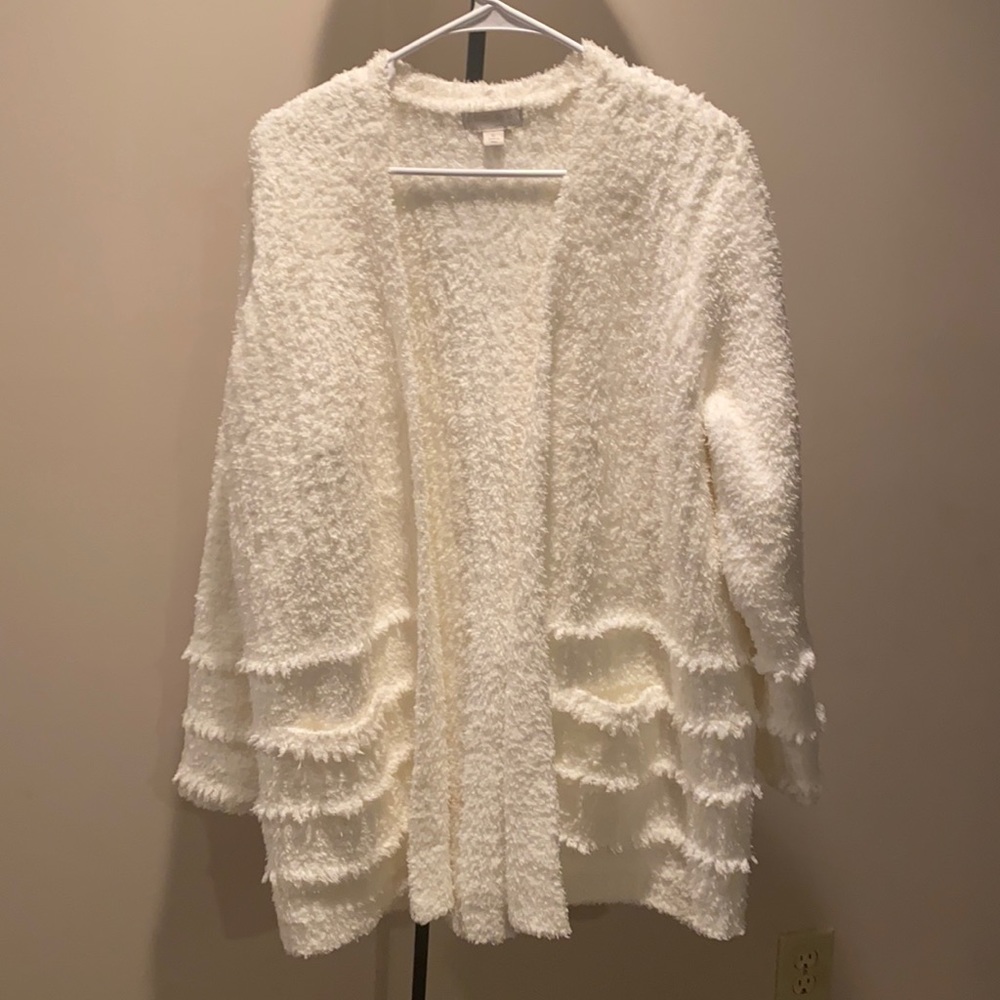 Fuzzy White Cardigan with pockets